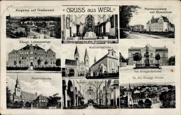 Ak Werl in Westfalen, kuurtuin, diploma-uitreikingstoren, processiepad, middelbare school, koninklijk. Seminarie voor docenten