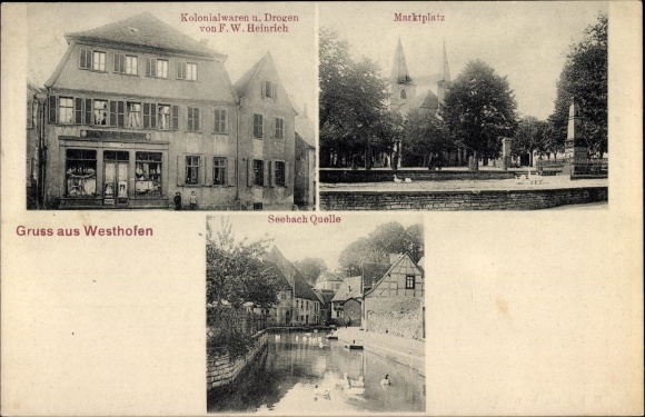 Postcard Westhofen in Rhineland-Palatinate, market square, Seebach source, grocery store