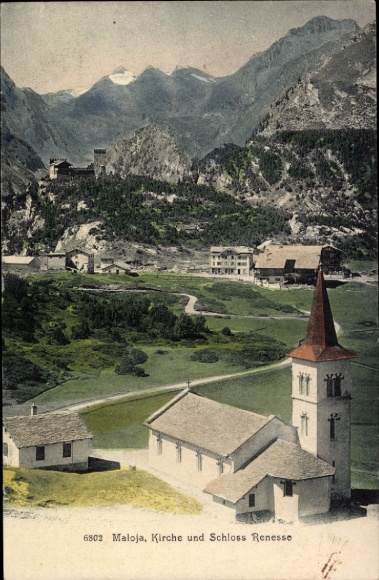 Postcard Maloja Canton of Graubünden, church, Renesse Castle, mountains, landscape