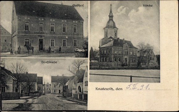 Postcard Knatewitz Falkenhain Lossatal in Saxony, inn, church, village street