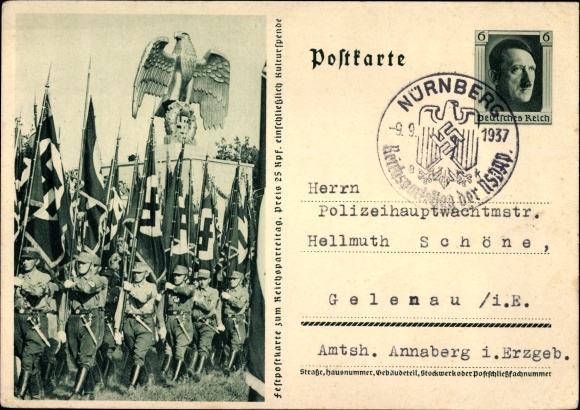 Postal stationery PC Nuremberg, Nazi Party Rally 1937, SA marches, national eagle, standard bearer