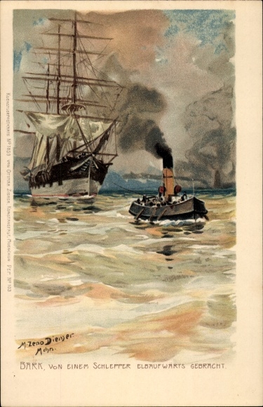 Artist Chromo-Litho Diemer, Zeno, barque brought up the Elbe by a tugboat