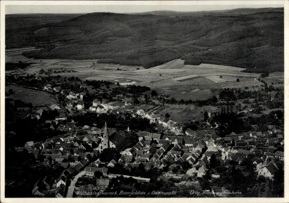 Postcard Rothenberg Oberzent in the Odenwald, aerial view of Beerfelden, rural surroundings, buildings