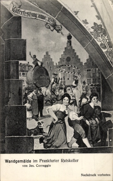 Ak Frankfurt am Main, Oberschweinstiege, Wandgemälde, Küferfestzug 1859, von Jos. Correggio, Nach