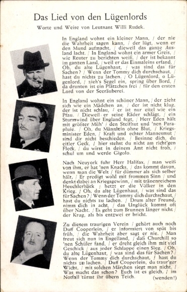 Song Postcard The Song of the Lying Lords, Willi Rudek, Churchill, Alfred Duff Cooper