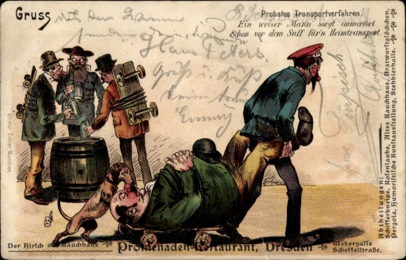 Postcard A wise man provides transport home before getting drunk, Drunk man, Dachshund