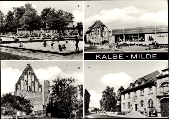 Postcard Kalbe Milde in the Altmark, outdoor pool, HO shopping center, castle ruins, post office