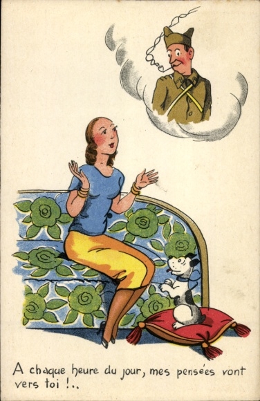 Postcard woman dreams of her lover, soldier's love, French soldier, cigarette, dog, sofa