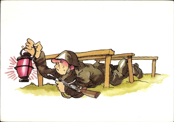 Artist Postcard Muzeniek, Peter, NVA soldier during field exercise, lantern, military trade organization