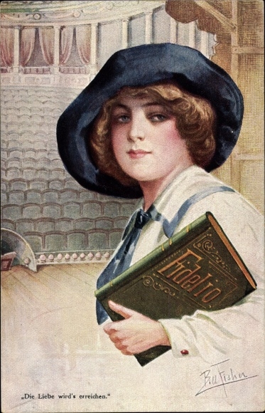 Artist Postcard Fisher, Bill, Love will achieve it, Young woman with book, Fidelio