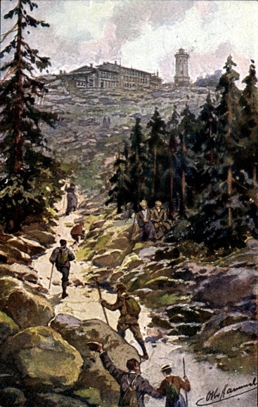 Artist Postcard Hammel, Otto, Brocken in the Harz, Ascent to the Brocken Hotel