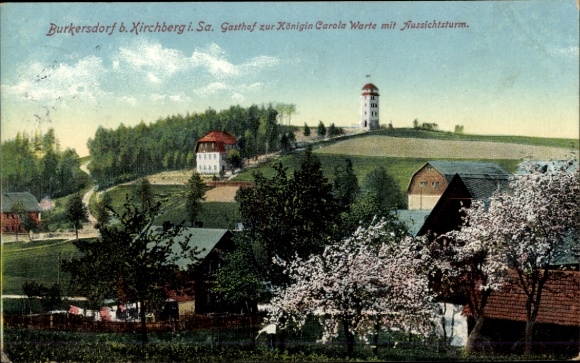 Postcard Burkersdorf Kirchberg in Sachsen, town view with Gasthof zur queen Carola Warte, observation tower