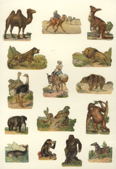 15 Oblaten wilde Tiere, Kamel, Känguru, Affen, Tiger, Wal u.a. ca. 6 x 6 cm bis 3,5 x 3,5 cm
