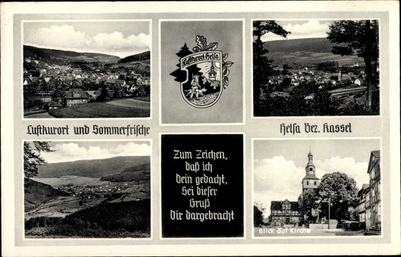 PC Helsa in Hessen, town view, church, coat of arms, panorama