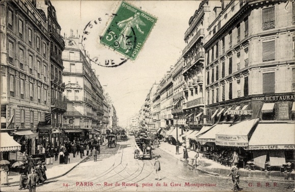 Ansichtkaart Parijs VI., Rue de Rennes, briefpapier, auto's, Royal Hotel