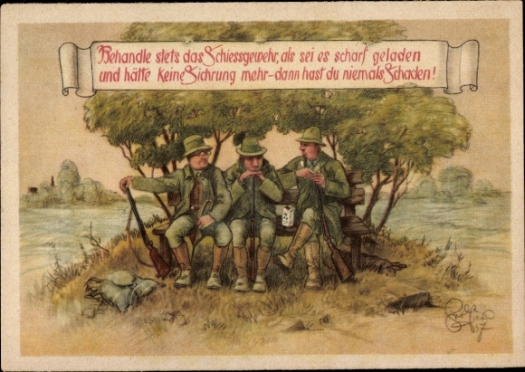Artist Postcard Geilfus, Always treat the shooting rifle as if it were loaded, hunting accident