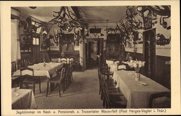 Postcard Herges Vogtei Trusetal, inn at the Trusental waterfall, hunting room