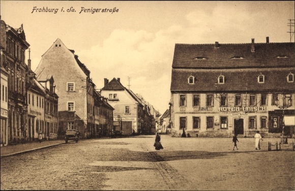 Postcard Frohburg in Sachsen, Peniger Strasse, Inn Roter Hirsch, owner Gustav Schulze, Max Lochmann