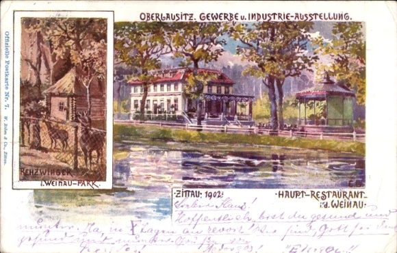 Artist Chromo-Litho Zittau, Trade and Industry Exhibition 1902, Rehzwinger, Main Restaurant Weinau
