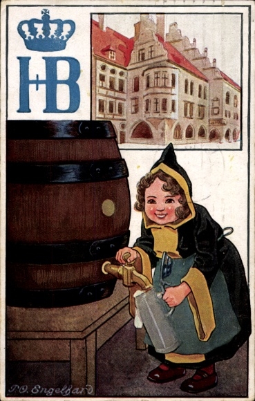 Artist Postcard Engelhard, PO, Munich Hofbräuhaus, HB Hofbräu advertising, Kindl, beer barrel, beer mug