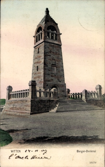 Ak Witten an der Ruhr, Berger-Denkmal, Steinturm, historische Architektur, farbig