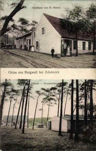 Postcard Burgwall Zehdenick Oberhavel, guest house of H. Mewes, school