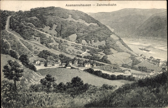 Postcard Assmannshausen Rüdesheim am Rhein, cog railway, landscape, river, ships