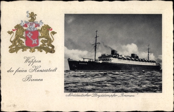 Coat of arms PC Hanseatic City of Bremen, steamship Bremen, North German Lloyd