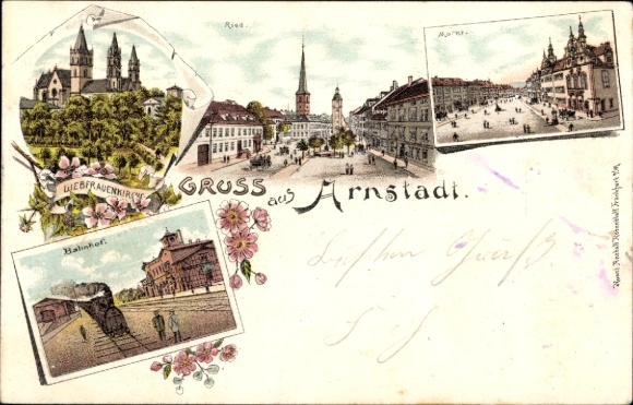 Chromo-Litho Arnstadt in Thuringia, Ried, market, train station, track side, Liebfrauenkirche
