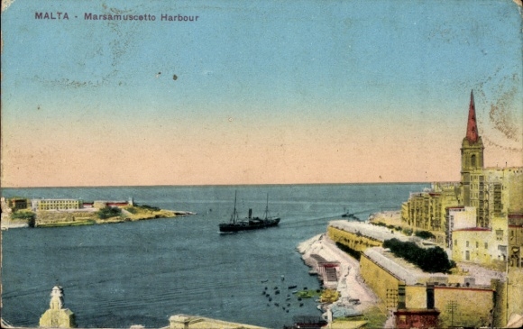 Postcard Marsaxlokk Malta, MARSAMUSCETTO HARBOUR, harbour view, ship, city view, historical arch...