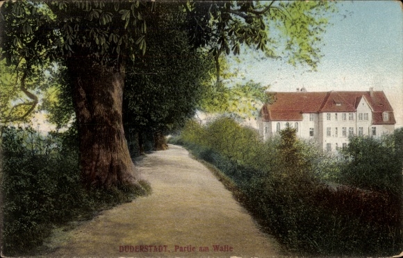 Ak Duderstadt im Eichsfeld, Weg am Walle, Bäume, Gebäude im Hintergrund