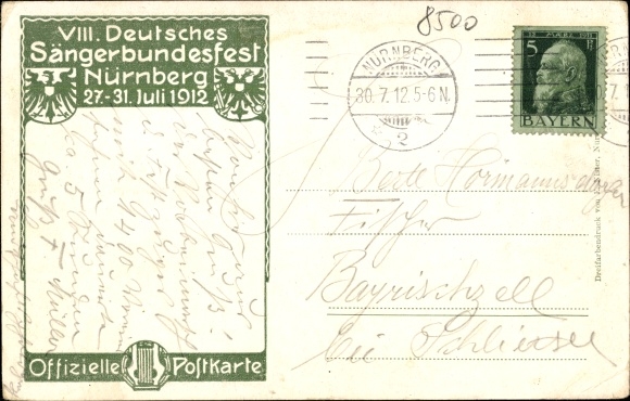 Artist Postcard Schmidt, Nuremberg in Middle Franconia Bavaria, VIII German Singers' Festival 1912