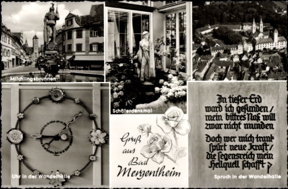 Postcard Bad Mergentheim in Tauberfranken, aerial photograph, Michlingsbrunnen, shepherd's monument, clock, saying