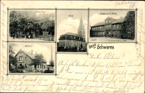 Postcard swarms in Lower Saxony, church, inn C. Brüns, dairy
