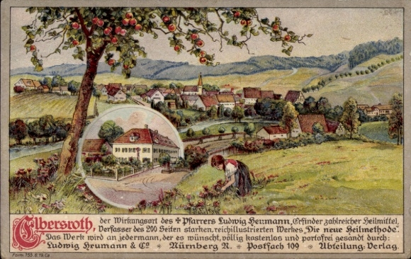 Chromo-Litho Elbersroth Herrieden in Middle Franconia, view of the town, girl picking flowers