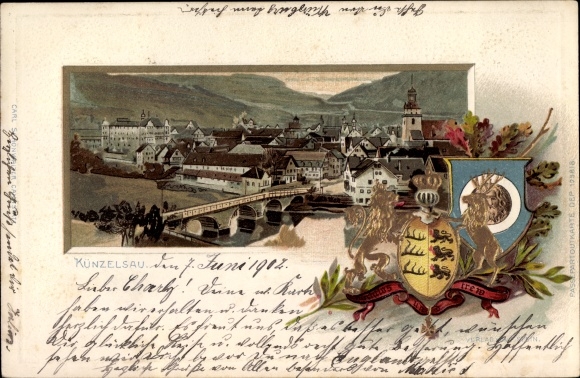 Embossed Coat of Arms Chromo-Litho Stetten Künzelsau Baden Württemberg, City, Bridge