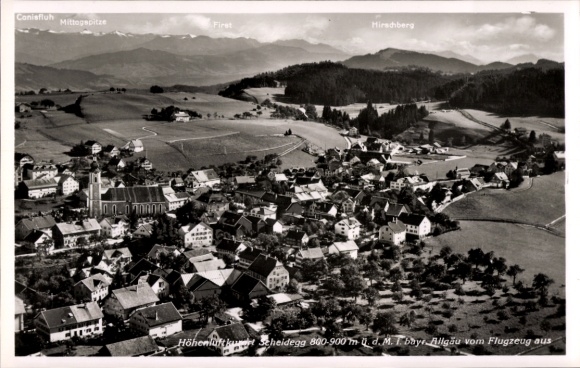 Postcard Scheidegg in Allgäu Swabia, aerial photograph