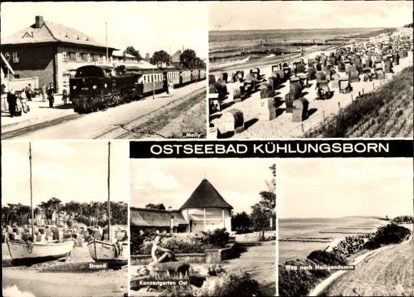 Postcard Ostseebad Kühlungsborn, train station, Molli, beach, concert garden east, way to Heiligendamm
