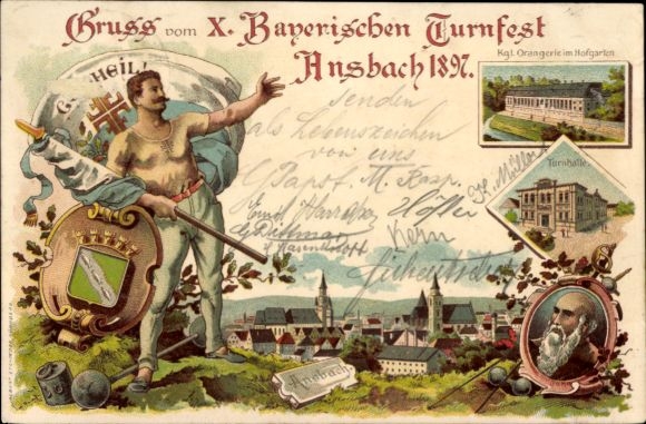 lito Ansbach w środkowej Frankonii w Bawarii, X. bayr. Festiwal Gimnastyczny 1897, Oranżeria, Sala Gimnastyczna, Ojciec Jahn