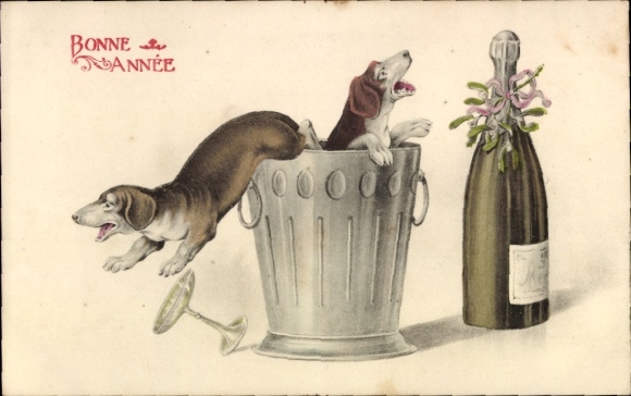 Ak Glückwunsch Neujahr, Hunde im Eimer, Sektflasche, Mistelzweige