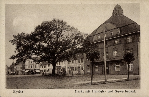 Postcard Kyritz in der Prignitz, market with commercial and business bank