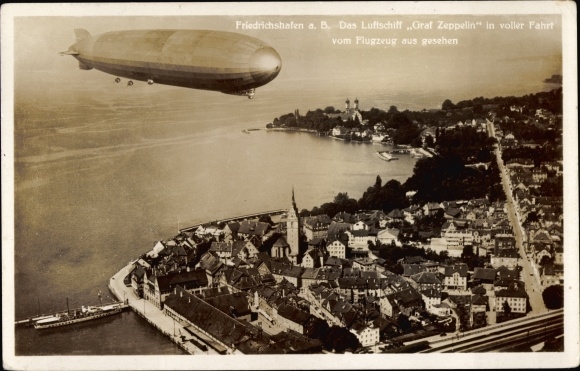 PC Friedrichshafen on Lake Constance, airship LZ 127 Graf Zeppelin at full speed, aerial photo