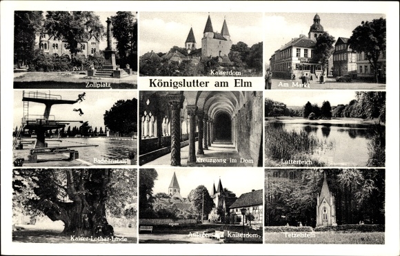 Ak Königslutter am Elm, Zollplatz, markt, Lutterteich, klooster in de kathedraal, Kaiser Lothar Linde