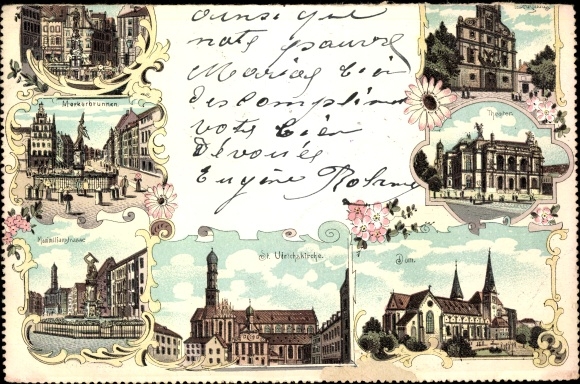 Puzzle lito Augsburg w Szwabii, Merkurbrunnen, Ulrichskirche, Dom, Maximilianstraße, Teatr