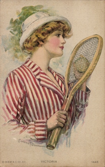 Kunstenaarskaart Underwood, Clarence, Victoria, portret van een vrouw, tennisracket