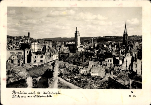 Postcard Pforzheim in the Black Forest, cityscape after the destruction, ruins, view from the Wilhelmsh