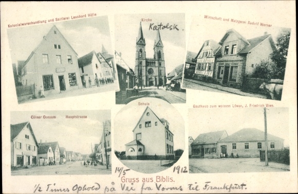 Postcard Biblis am Rhein Hessen, economy and butcher shop, saddlery Leonhard Höfle, church, school