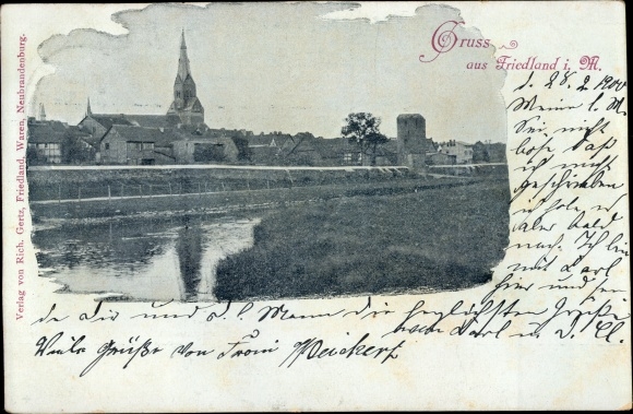 Postcard Friedland in Mecklenburg, river, church