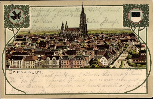 Coat of Arms Chromo-Litho Ulm on the Danube, Panorama, Munster, Spatz