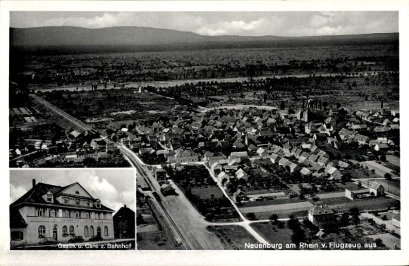 Postcard Neuenburg am Rhein Baden, bird's eye view of Neuenburg, aerial photograph, Gasthaus zum Bahnh